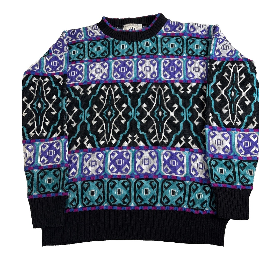 VTG‎ 90s Bold Geometric Sweater Sz Large Teal Tribal Abstract Jewel Tones USA